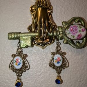 Floral Gold and Blue Drop Earrings